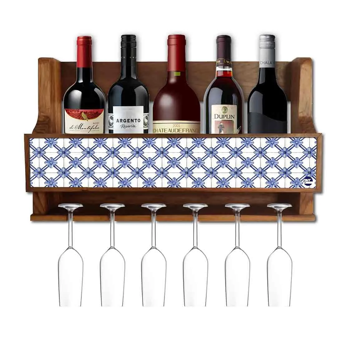 Wooden Wall Mounted Wine Glass Holder for Living Room - Stores 5 Bottles 6 Wine Glasses